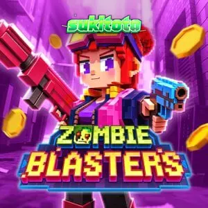 Tampilan antarmuka permainan slot Zombie Blasters dengan elemen visual retro arcade.
